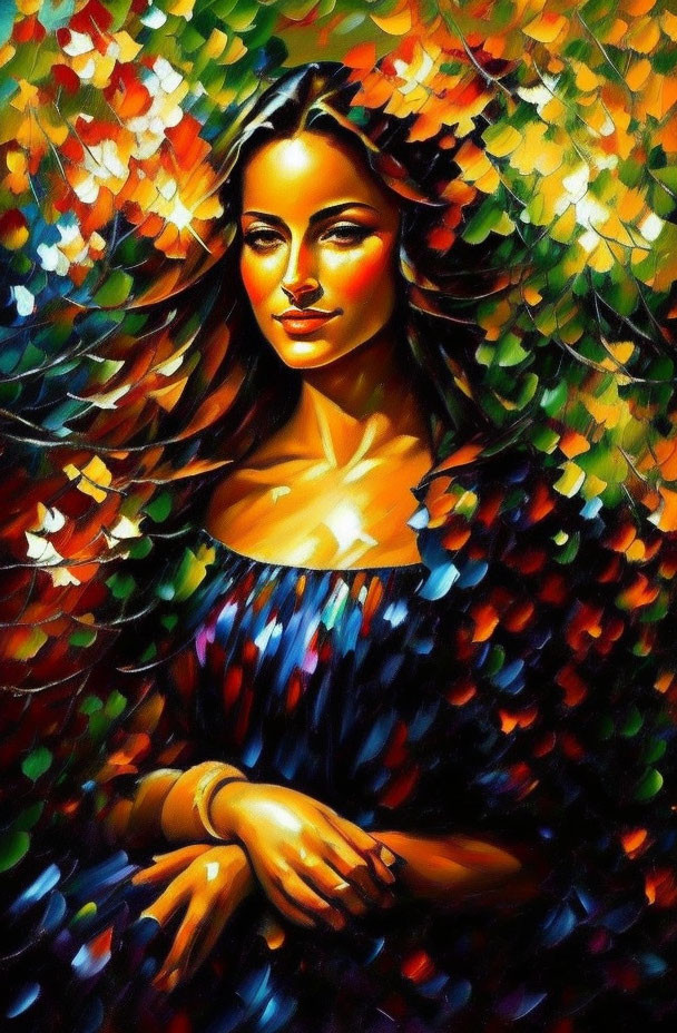 Colorful painting of woman in serene expression amidst vibrant foliage.