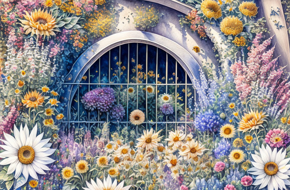 Colorful Flowers Surround Arched Window with Bars