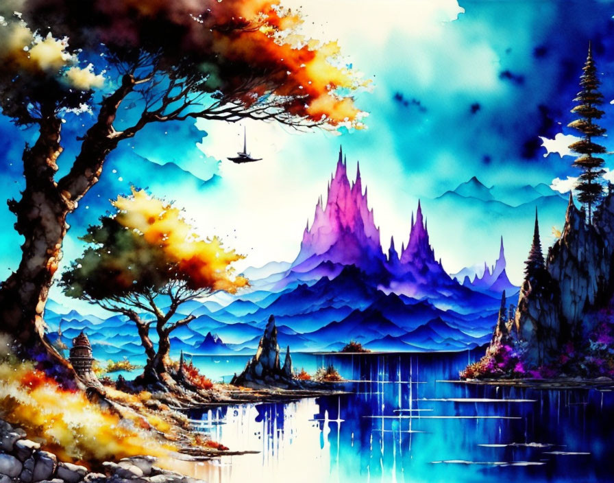 Colorful Watercolor Landscape: Serene Lake, Temple, and Mountains