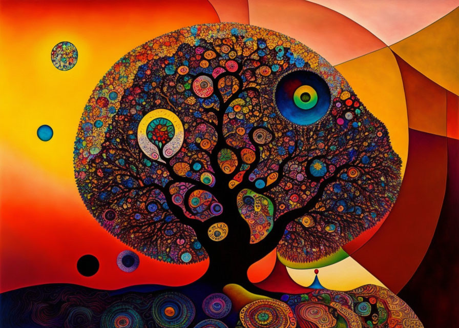 Colorful Whimsical Tree Painting with Circular Patterns on Sunset Background