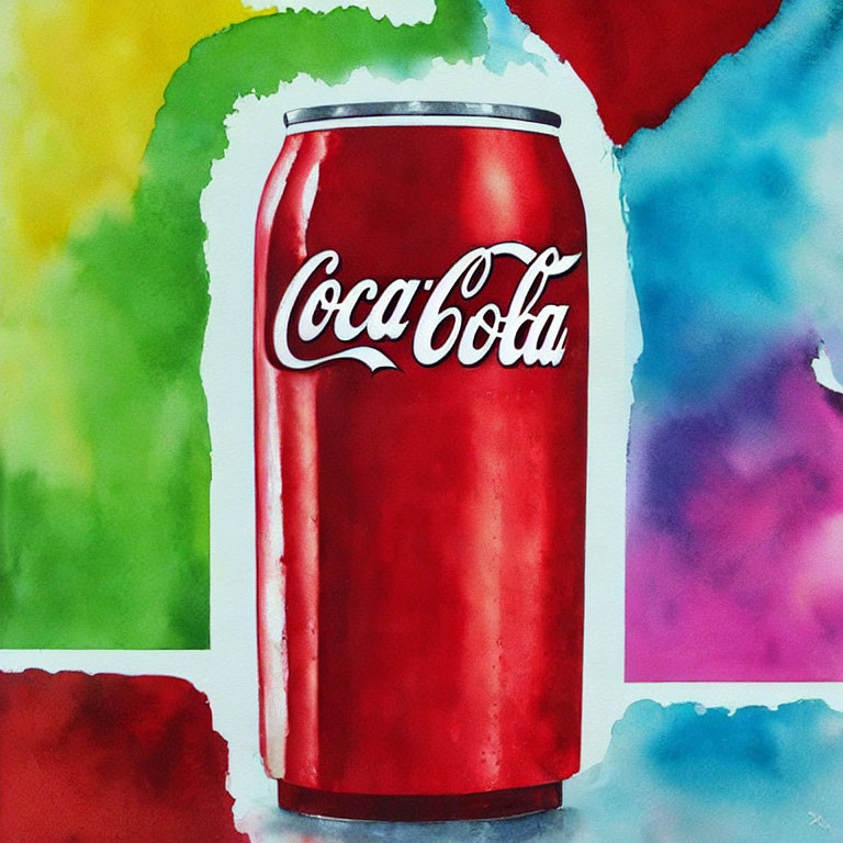 Vibrant watercolor painting of red Coca-Cola can on multicolored background