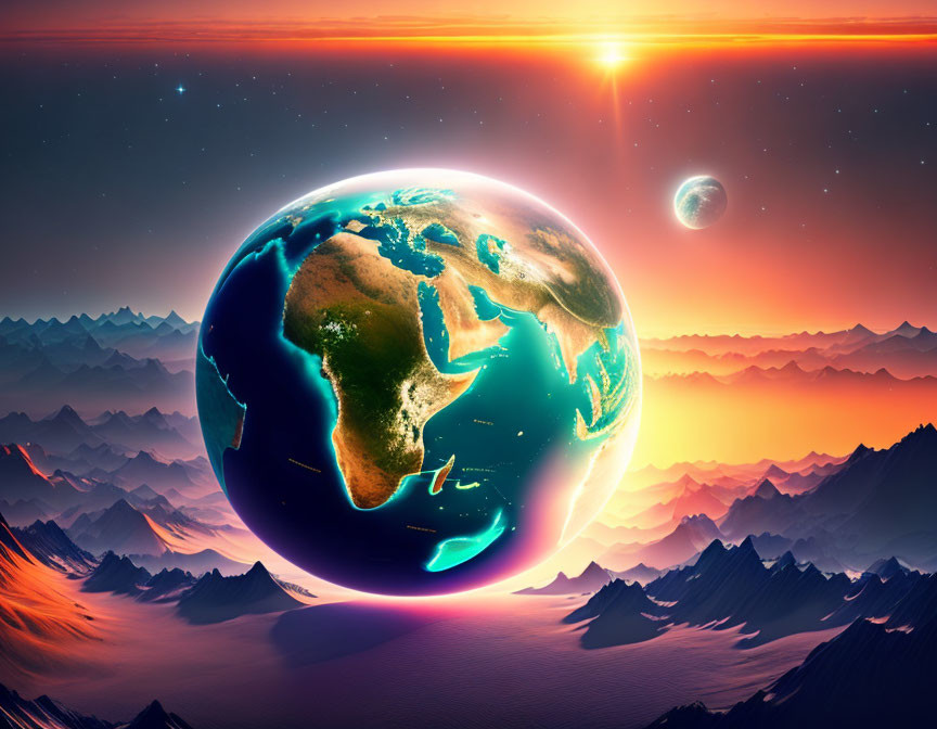 Colorful artwork of Earth over mountains with sunrise and celestial body