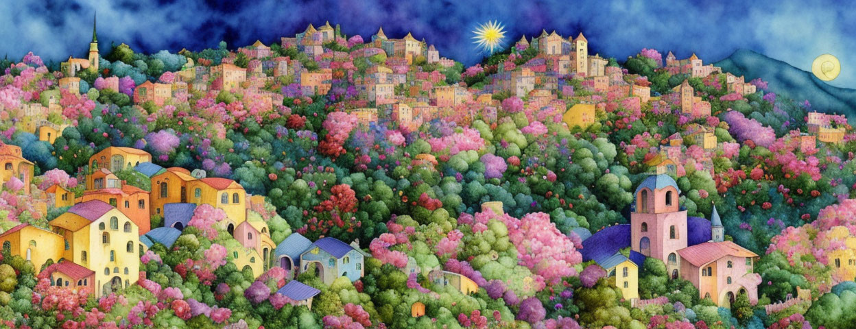 Colorful Artwork: Whimsical Hilltop Village with Pink Trees and Dual Sky