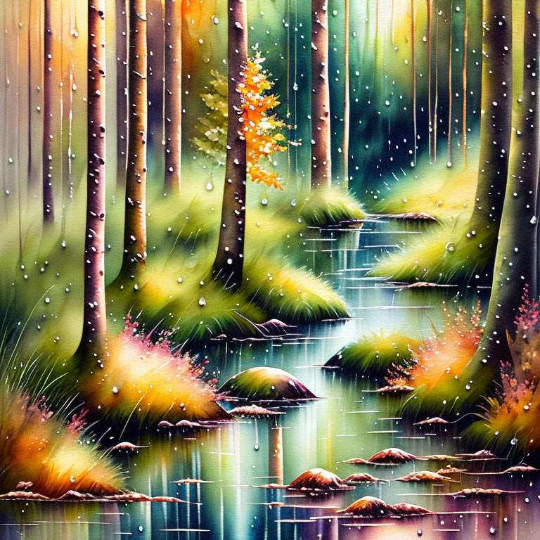 Vibrant painting of sunlit mystical forest with cascading stream