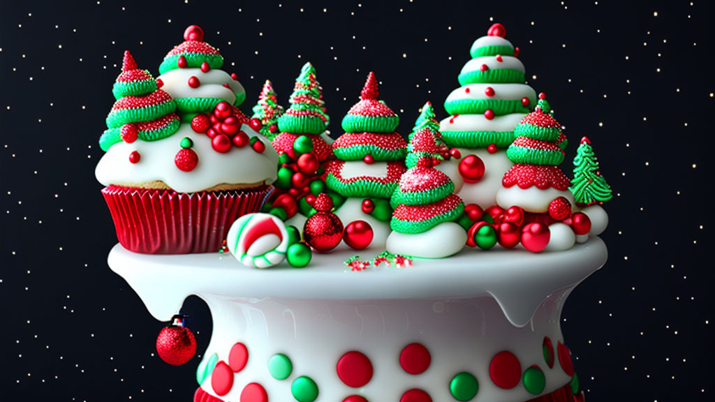 Colorful Christmas tree cupcakes on polka-dotted stand