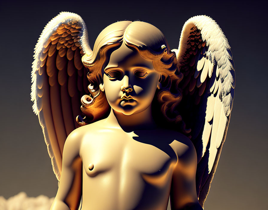 Angel 3D rendering with white wings and golden skin