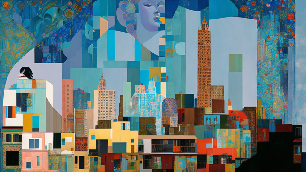 Abstract cityscape painting with geometrical shapes and serene female face overlooking skyline and crow.