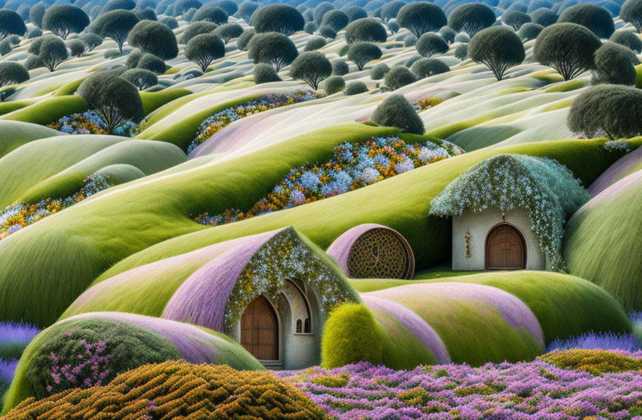 Whimsical hobbit-like houses in colorful flowered hills