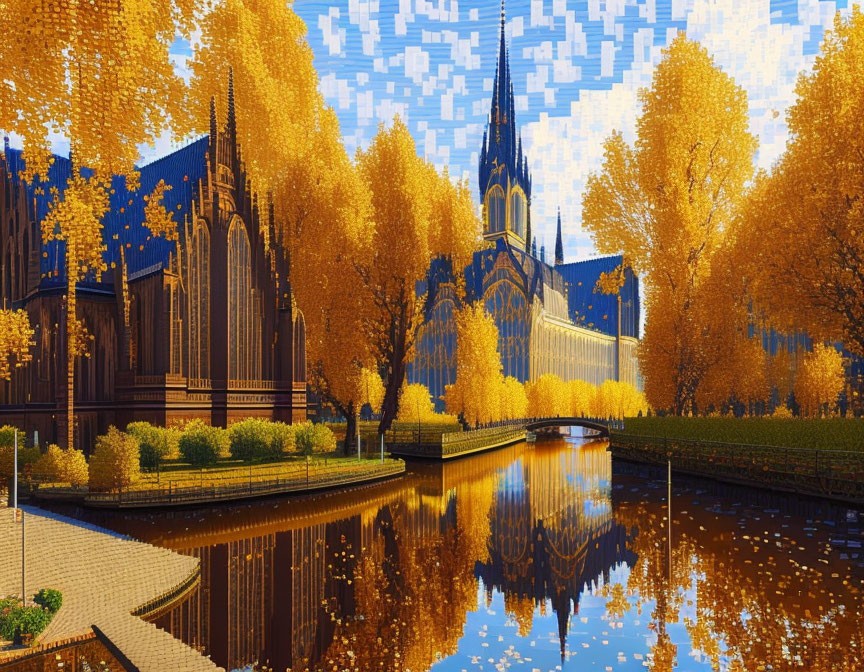 Gothic cathedral by tranquil canal in autumn setting