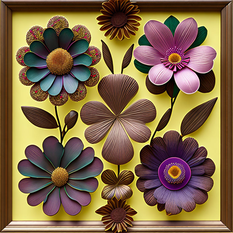 Colorful Stylized Flowers Artwork on Yellow Background