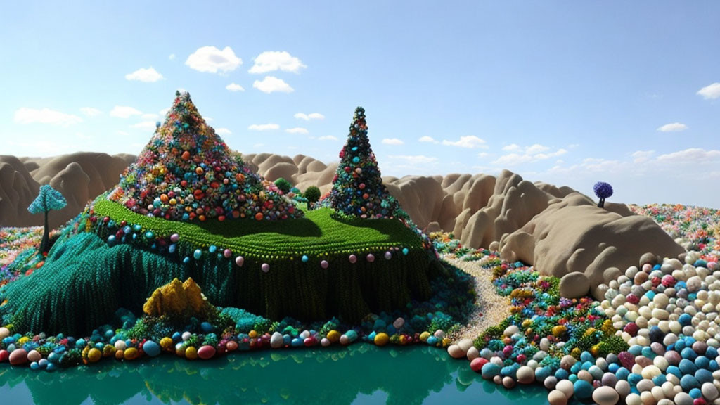 Colorful Ball-Shaped Vegetation in Whimsical Landscape