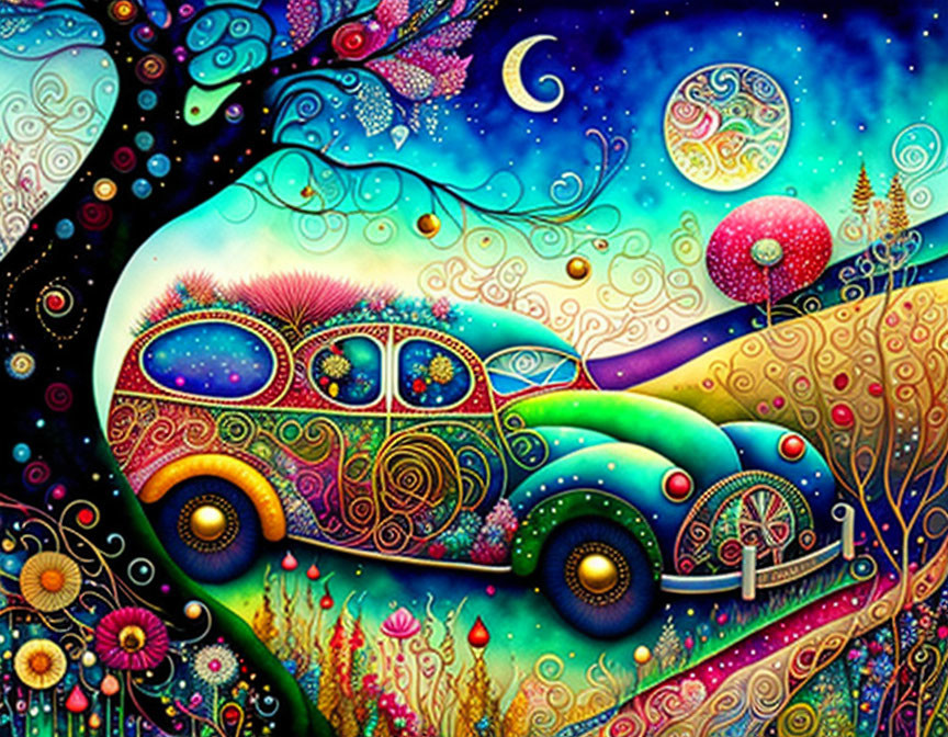 Vibrant VW Beetle Artwork on Psychedelic Landscape