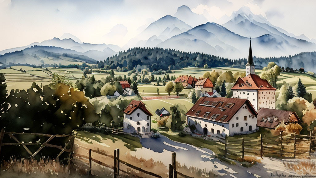 Tranquil village watercolor painting with church, houses, river, mountains, and sky