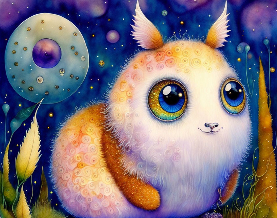 Whimsical round fluffy creature with big eyes in celestial setting