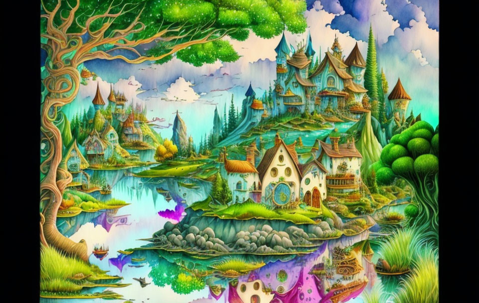 Colorful Fantasy Landscape with Whimsical Buildings and Serene Lake