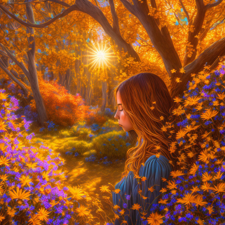 Woman with Closed Eyes Surrounded by Orange and Blue Flowers in Enchanting Forest