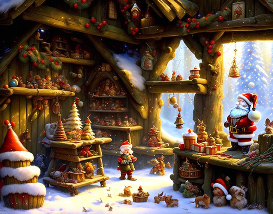 Festive Christmas scene with Santa, decorations, cabin, gifts, puppies in snow