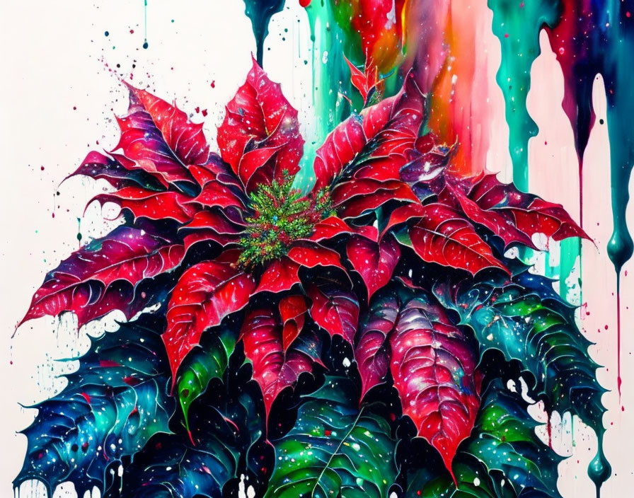 Colorful poinsettia painting with vibrant red leaves and greenery on a dripping paint background