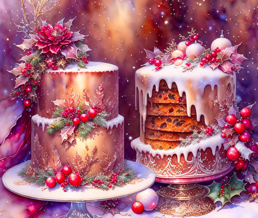 Festive Christmas cakes with holly and berry decorations on snowy backdrop