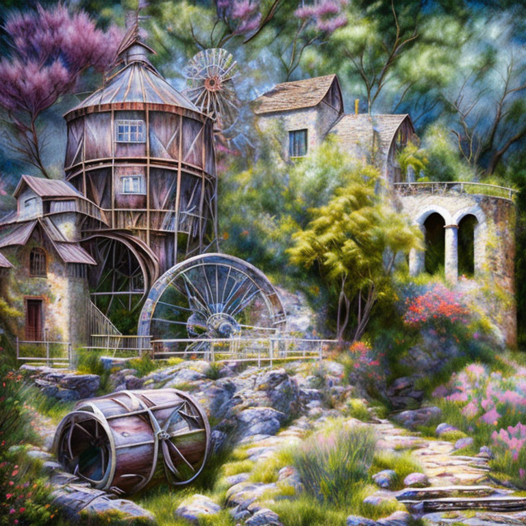 Rustic watermill, windmill, cottage, and barrel in lush greenery