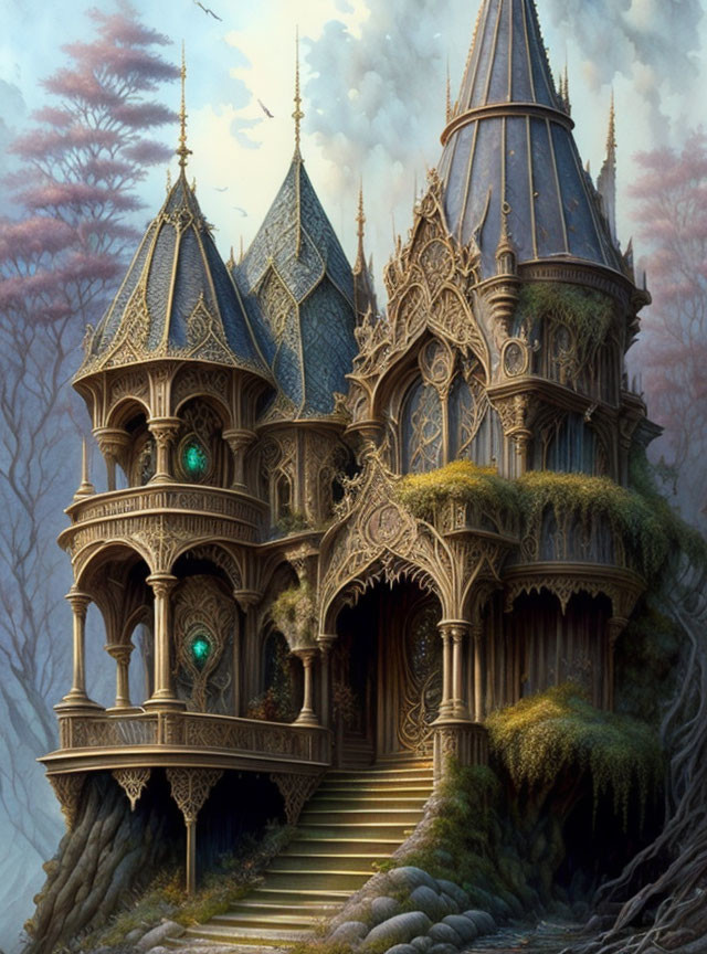 Fantasy Treehouse with Ornate Towers in Misty Forest