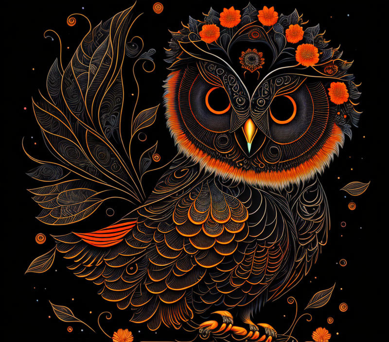 Detailed Owl Illustration with Orange and Black Patterns on Dark Background