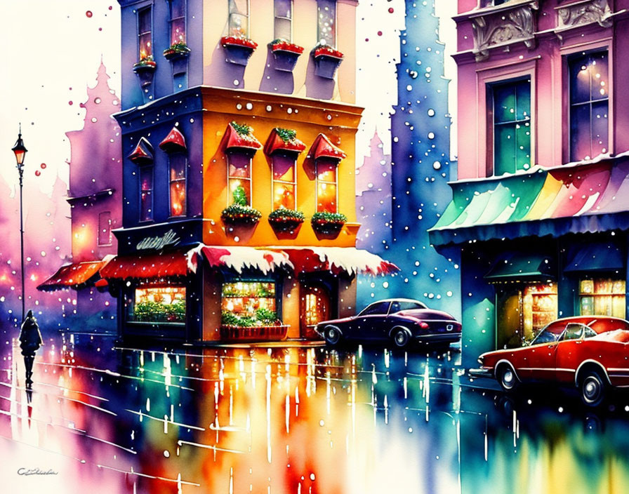 Vibrant street scene watercolor with snowfall, shops, car, streetlights.