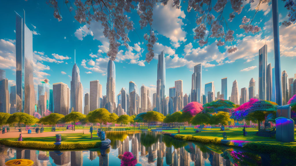 Futuristic cityscape with skyscrapers, parks, pink trees, and water reflection