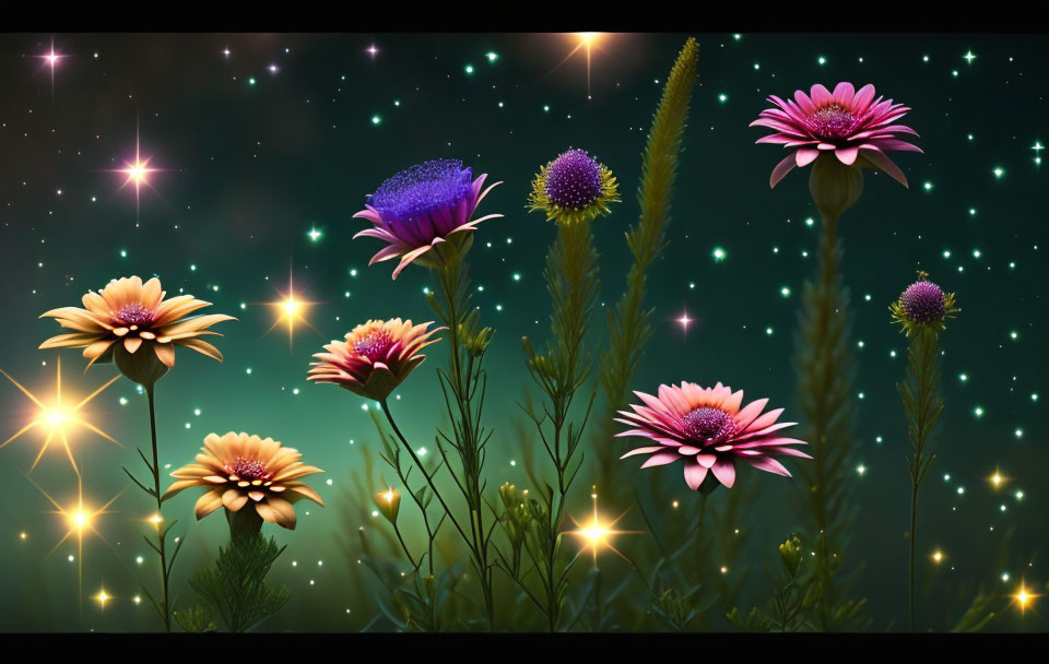 Colorful Flowers in Enchanted Night Garden