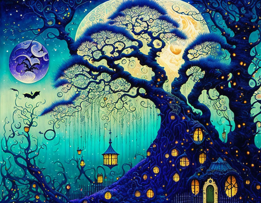 Fantastical painting of twisted blue tree under moonlit sky