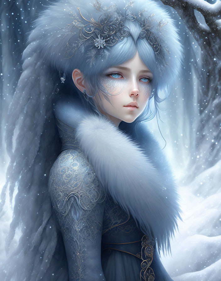 Person with Blue Hair in Winter Fur Hat & Coat, Snowy Backdrop