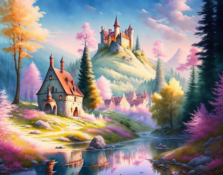 Castle on hill in fantasy landscape with pink and orange trees, river, and mountains