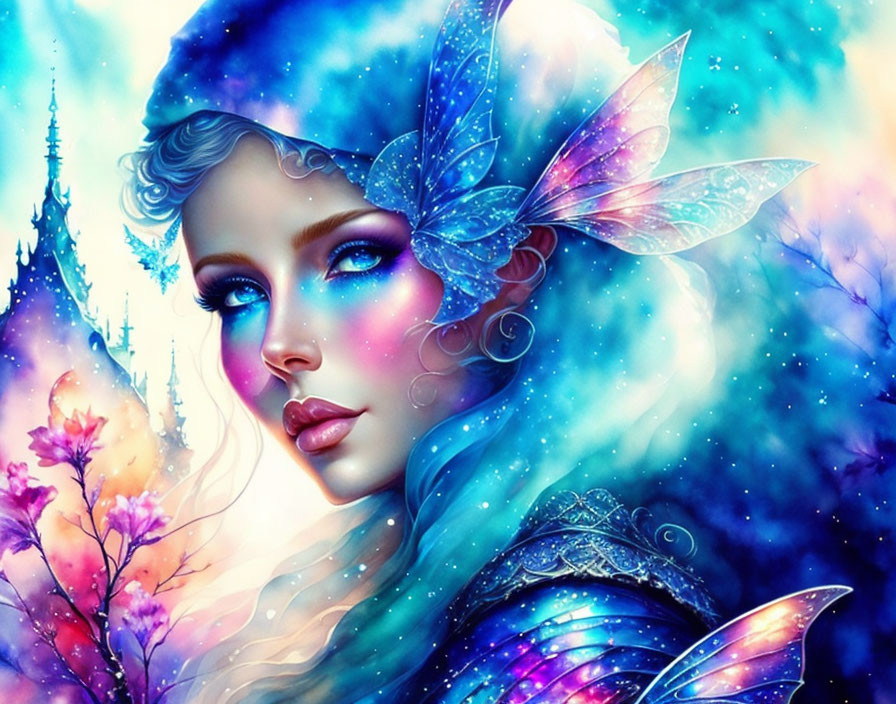 Blue Butterfly Fairy with Radiant Eyes in Fantasy Castle Setting