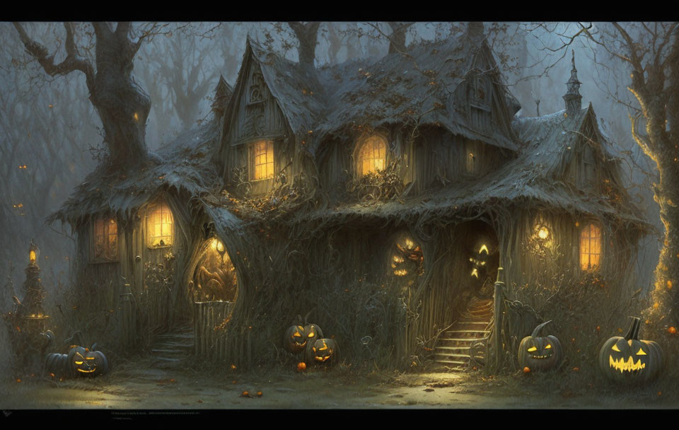 Spooky abandoned house in dark forest with jack-o'-lanterns