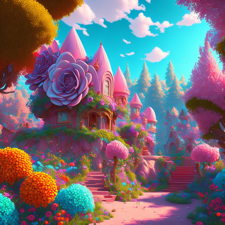 Fantasy landscape with pink castle, giant roses, colorful flora, and enchanted woods