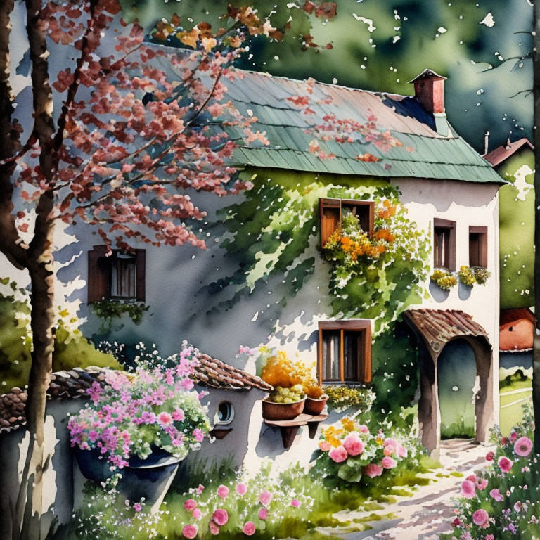 Quaint house with green roof in watercolor painting