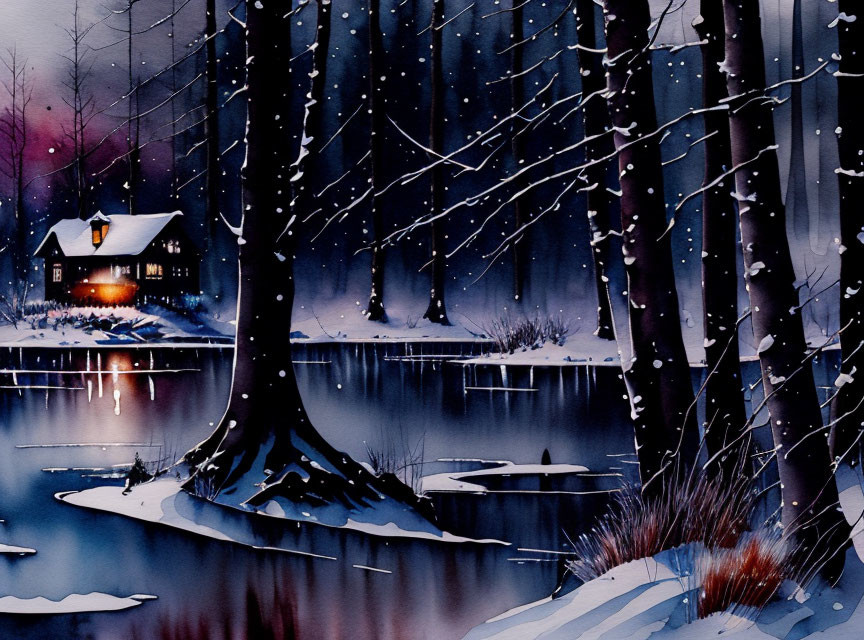 Snowy Cottage by Icy Lake on Tranquil Winter Night