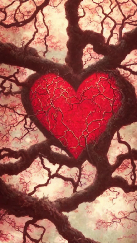 Red cracked heart intertwined with dark tree branches on pink background