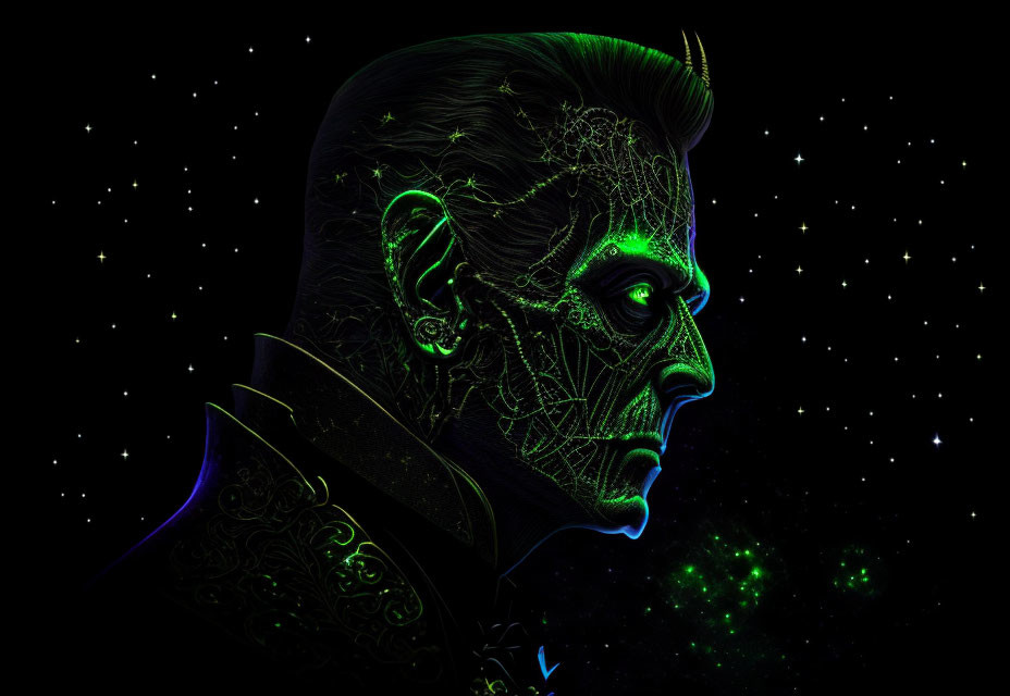 Man with Neon Green Cybernetic Enhancements in Futuristic Space Scene