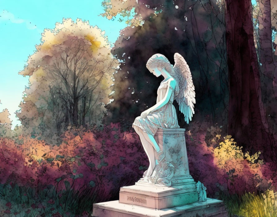 Pensive angel statue in tranquil woodland setting surrounded by pink flowers and trees