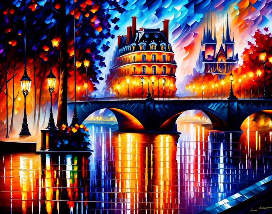 Parisian Scene: Seine Bridge, Notre-Dame Cathedral, Street Lamps, Colorful Reflection