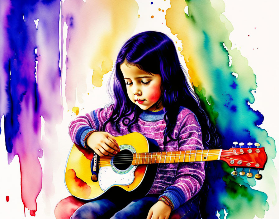 Young girl playing guitar in vibrant watercolor backdrop