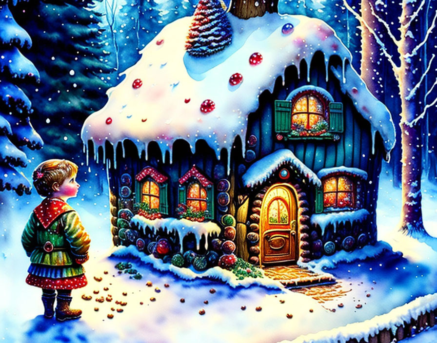 Child in winter coat admiring Christmas-decorated house in snowy forest