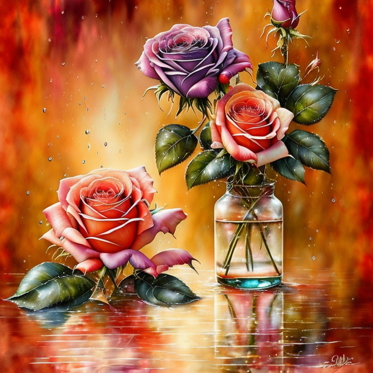 Pink and Peach Roses in Clear Jar Painting with Autumn Background