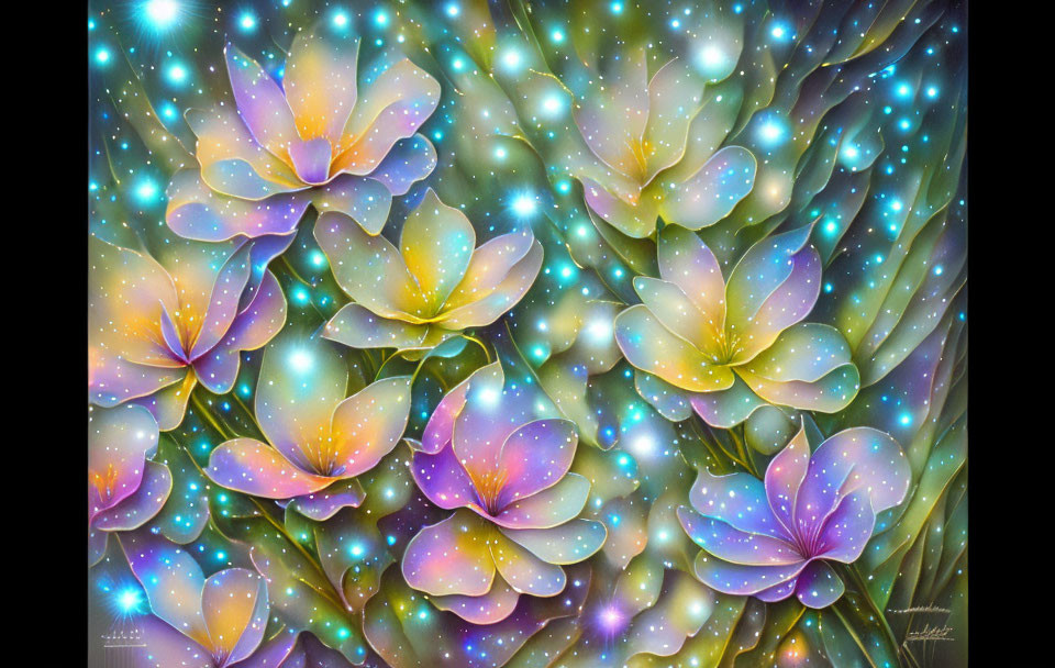 Vibrant Flowers Against Cosmic Starry Background