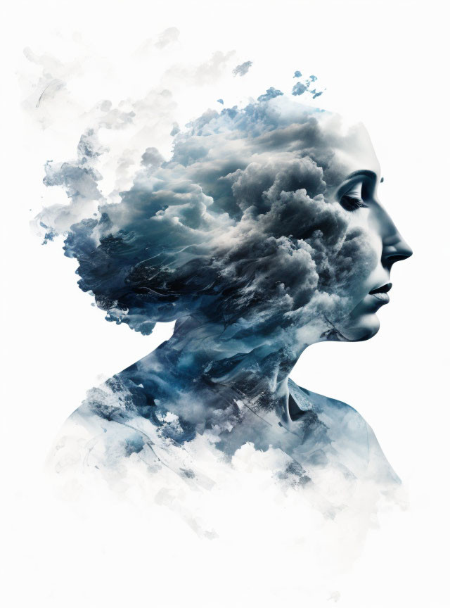 Portrait of Person with Head Merging into Swirling Clouds