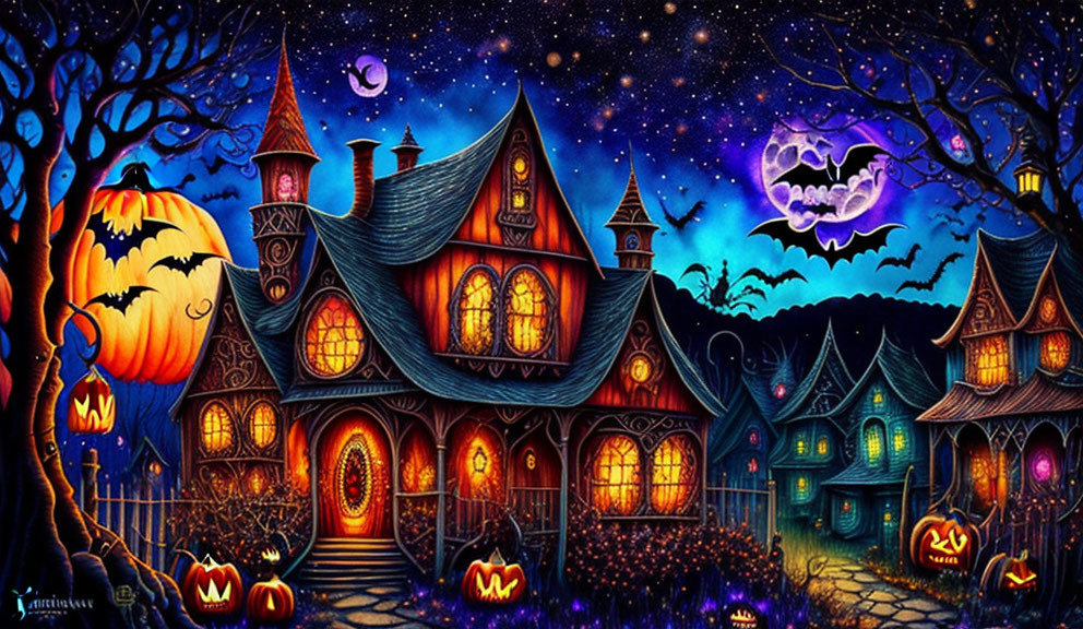 Colorful Halloween artwork: whimsical haunted house, jack-o'-lanterns, ghost, moon