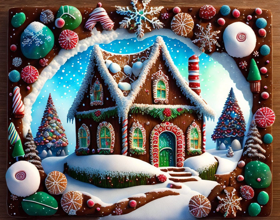 Colorful Candy Adorned Gingerbread House in Snowy Winter Scene