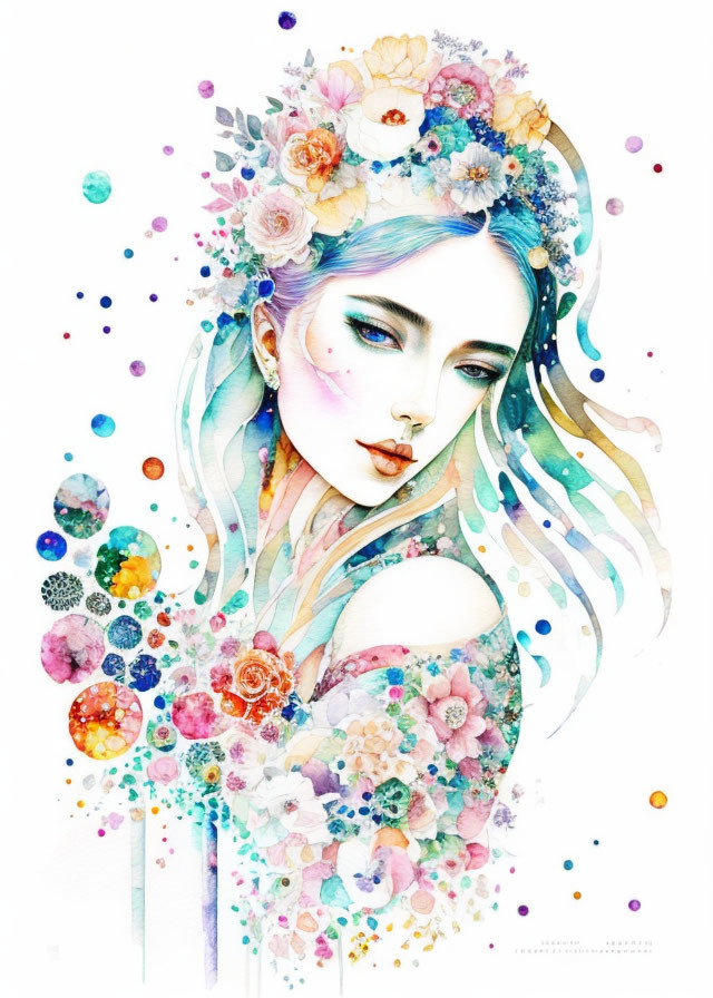 Colorful illustration: Female figure with floral headpiece and blue hair surrounded by abstract bubbles