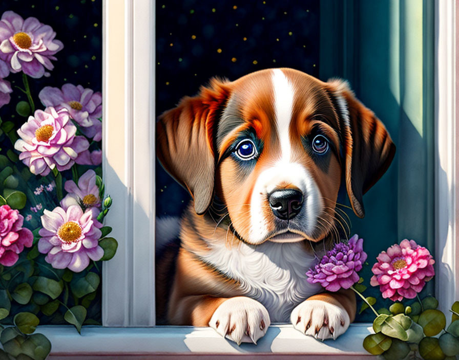 Adorable puppy with blue eyes in window surrounded by pink flowers at night